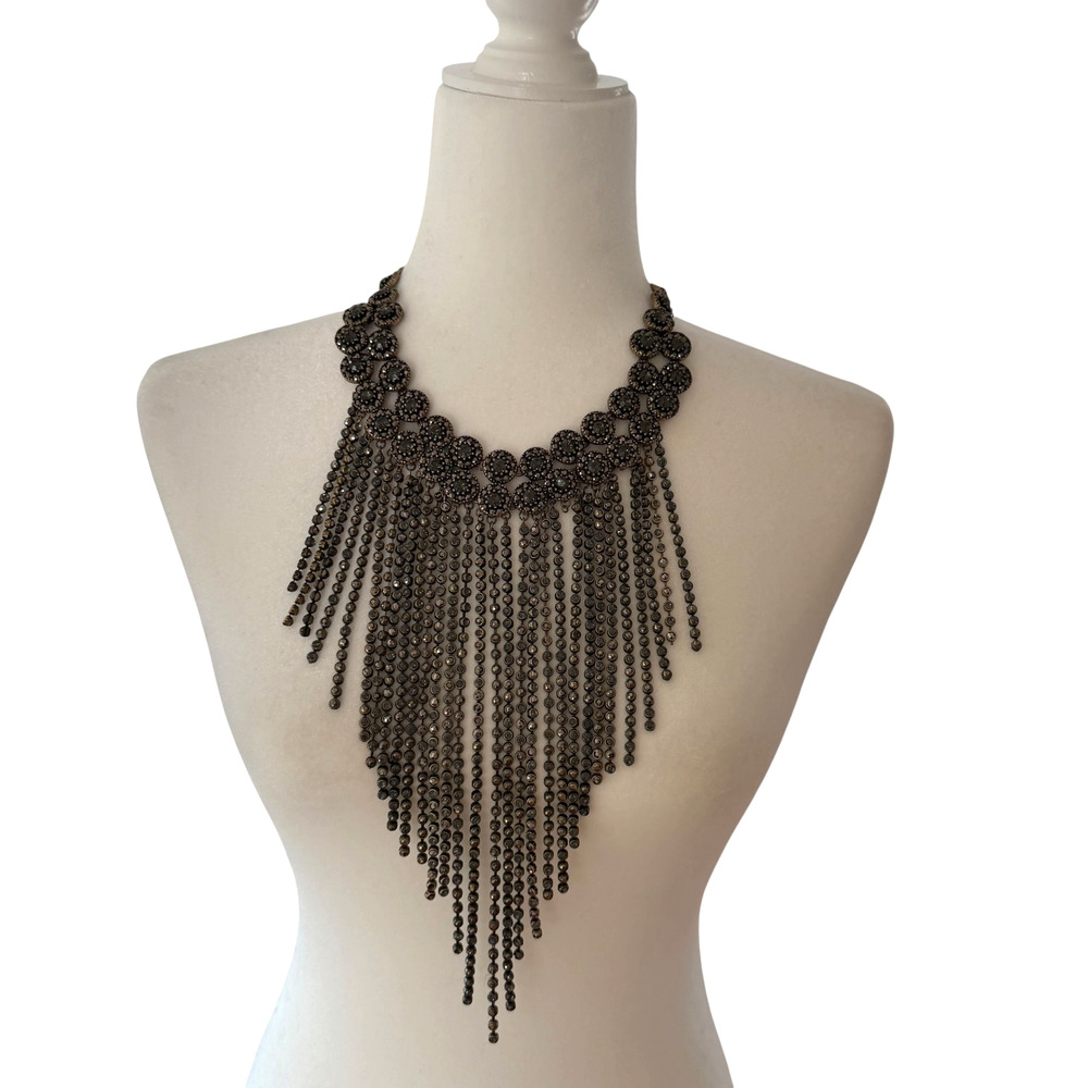 ZARA Fringe Choker Necklace Black Crystals with Cascading Rhinestone Chains
